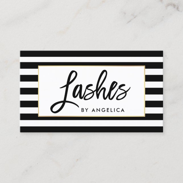 Modern Brush Script Makeup Artist Lashes Striped Business Card (Front)