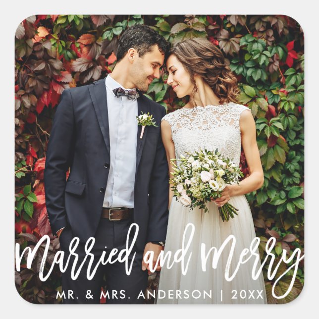 Modern Brush Script Married and Merry Christmas Square Sticker (Front)