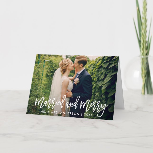 Modern Brush Script Married and Merry Photo Fold Holiday Card (Front)