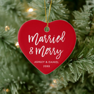 Modern Brush Script Married & Merry Wedding Ceramic Ornament