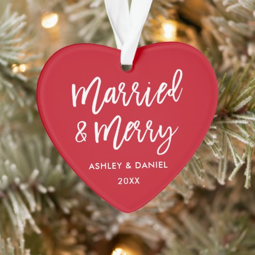 Modern Brush Script Married  Merry Wedding Heart Ornament