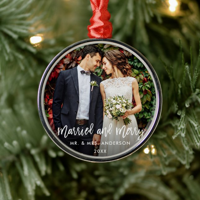 Modern Brush Script Married & Merry Wedding Metal Ornament (Tree)