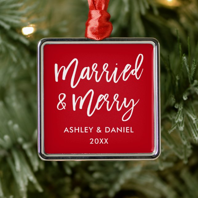 Modern Brush Script Married & Merry Wedding Square Metal Ornament (Tree)