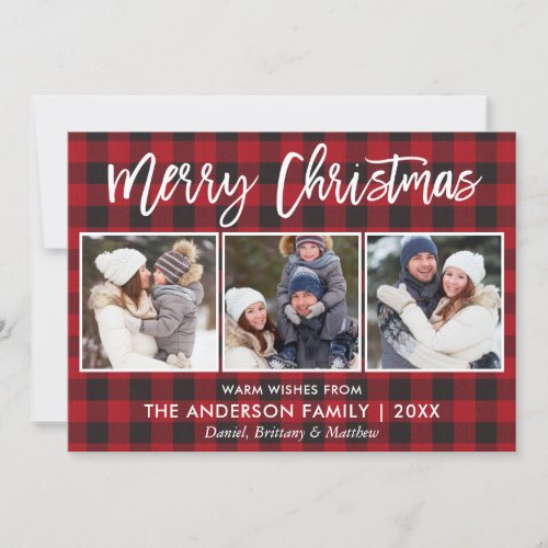 Modern Brush Script Merry Christmas 3 Photo Plaid Holiday Card