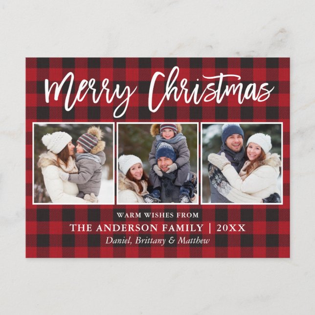 Modern Brush Script Merry Christmas 3 Photo Plaid Postcard (Front)