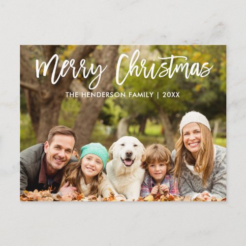 Modern Brush Script Merry Christmas Family Photo Postcard