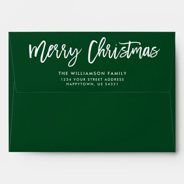 Modern Brush Script Merry Christmas Green Envelope (Back (Top Flap))