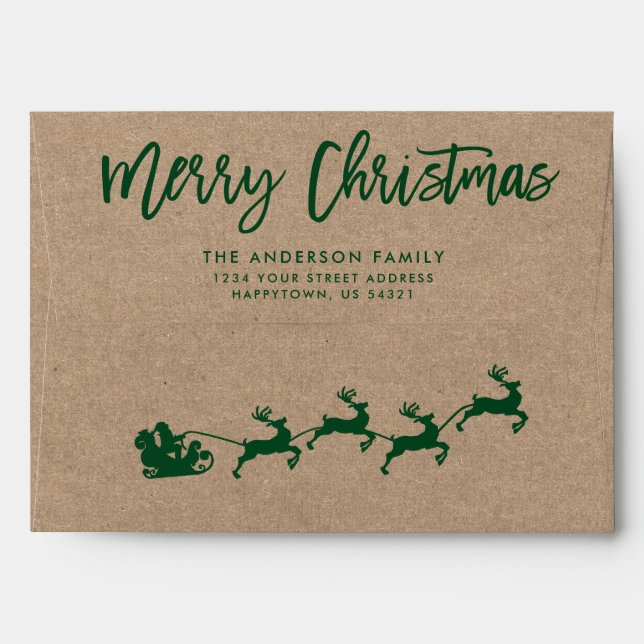 Modern Brush Script Merry Christmas  Green Kraft Envelope (Back (Top Flap))