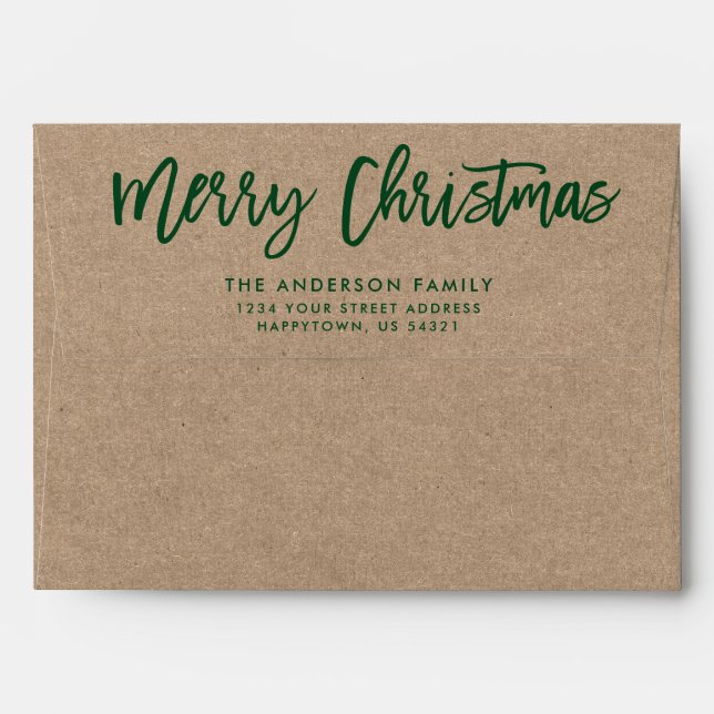 Modern Brush Script Merry Christmas Kraft Green Envelope (Back (Top Flap))