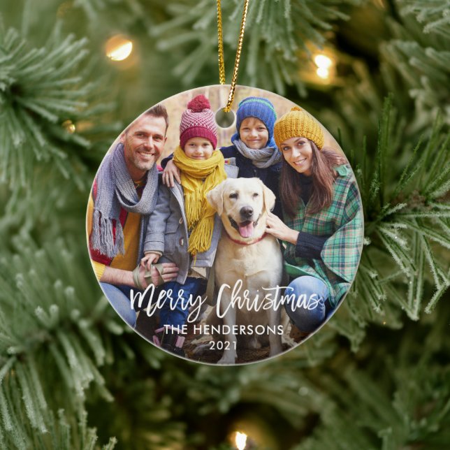 Modern Brush Script Merry Christmas Photo Ceramic Ornament (Tree)