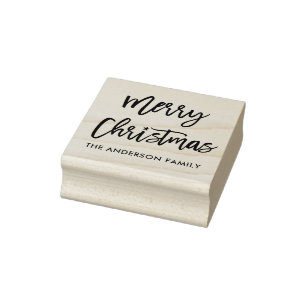 Modern Brush Script Merry Christmas Star Rubber Stamp