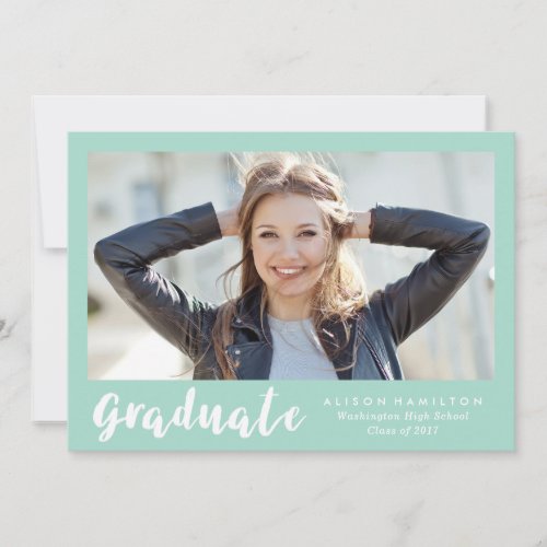 Modern Brush Script Mint Green Photo Graduation Announcement