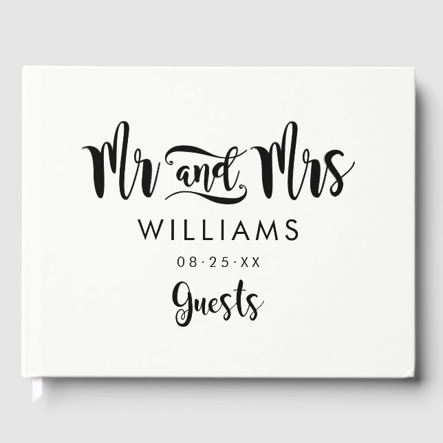 Modern Brush Script Mr and Mrs Wedding Guest Book (Front)