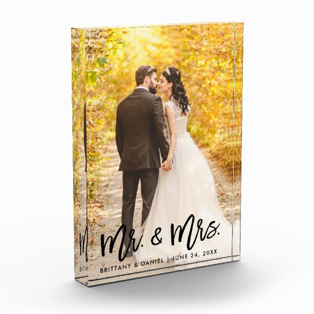 Modern Brush Script Mr. and Mrs. Wedding Photo Block (Left)