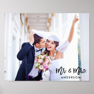 Modern Brush Script Mr. and Mrs. Wedding Photo Poster