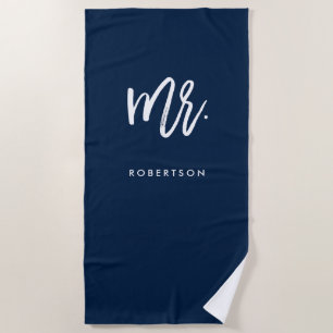 Modern Brush Script   Mr   Navy Editable Color Beach Towel