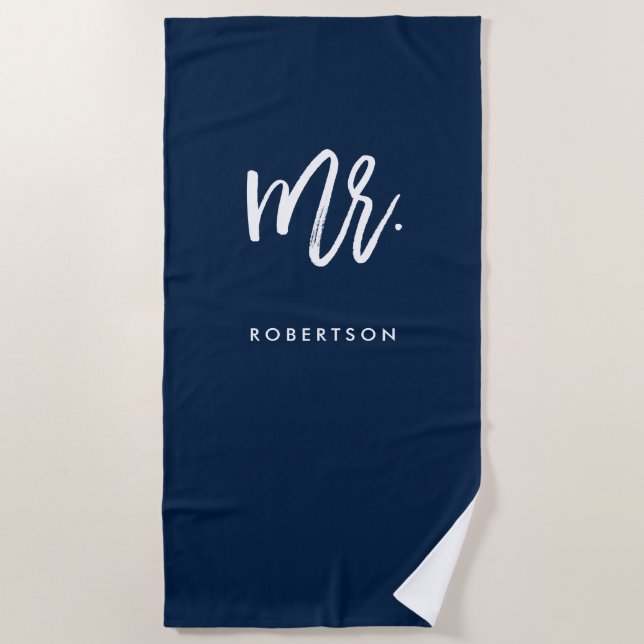 Modern Brush Script | Mr | Navy Editable Color Beach Towel (Front)