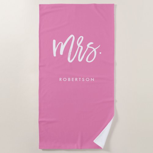 Modern Brush Script  Mrs  Pink Editable Color Beach Towel