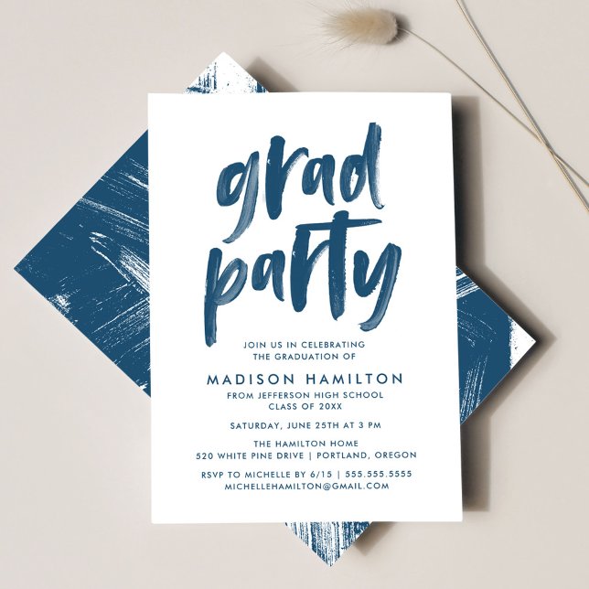 Modern Brush Script Navy Graduation Party Invitation (Creator Uploaded)
