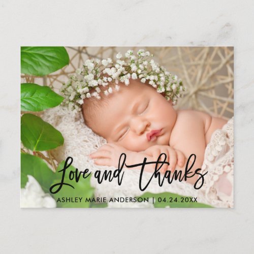 Modern Brush Script New Baby Love and Thanks Blk Announcement Postcard