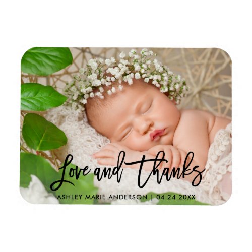 Modern Brush Script New Baby Love and Thanks Blk Magnet