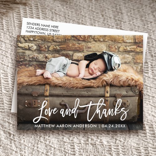 Modern Brush Script New Baby Love and Thanks Wht Announcement Postcard