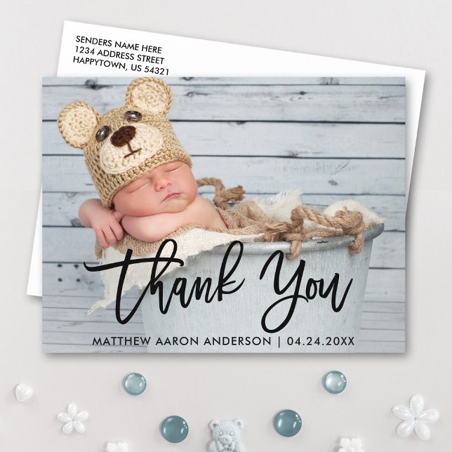 Modern Brush Script New Baby Thank You Blk Postcard (Customize to change your personalized text size or text style.)