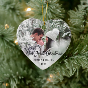 Modern Brush Script Our First Christmas Couple B Ceramic Ornament
