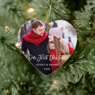 Modern Brush Script Our First Christmas Couple H Ceramic Ornament