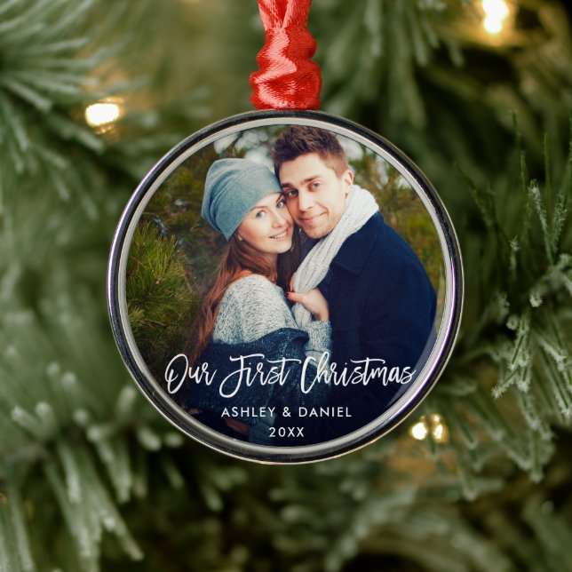 Modern Brush Script Our First Christmas Couple Metal Ornament (Tree)