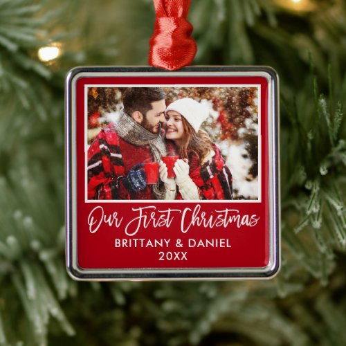 Modern Brush Script Our First Christmas Couple Red Metal Ornament