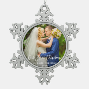 Modern Brush Script Our First Christmas Wedding Snowflake Pewter Christmas Ornament