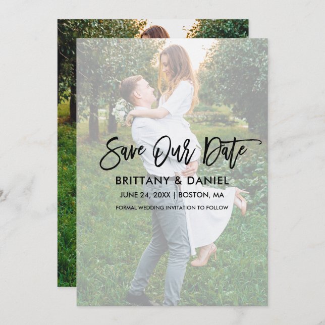 Modern Brush Script Overlay Save Our Date Card (Front/Back)