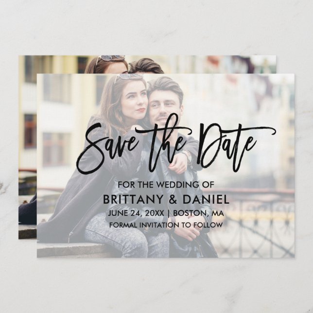 Modern Brush Script Overlay Save The Date Card (Front/Back)