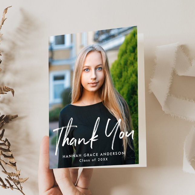 Modern Brush Script Photo Graduation Letterpress Thank You Card (Creator Uploaded)