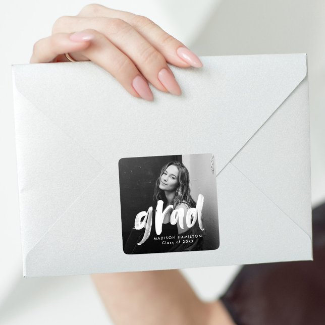 Modern Brush Script Photo Graduation Square Sticker (Creator Uploaded)