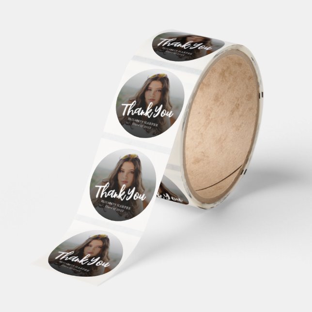 Modern Brush Script Photo Graduation Thank You Classic Round Sticker (Roll)
