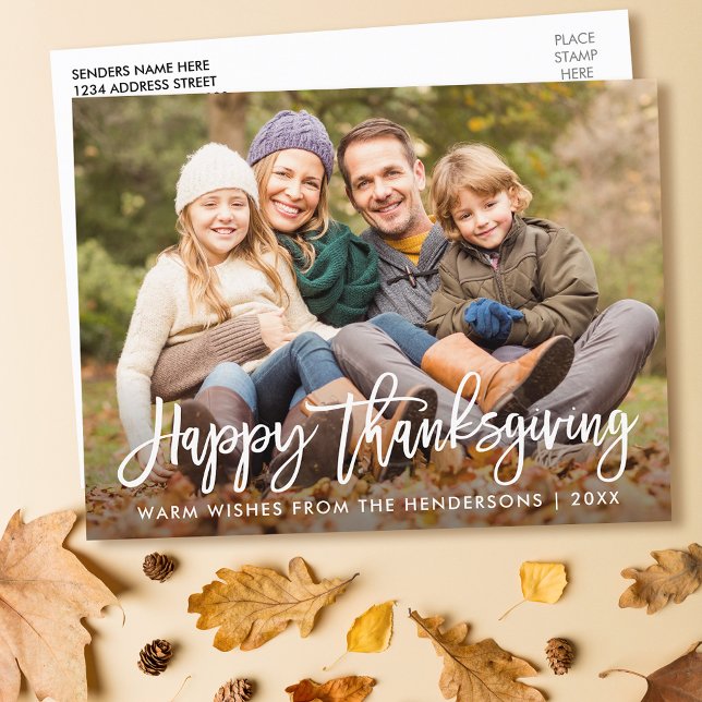 Modern Brush Script Photo Happy Thanksgiving Postcard (Customize to change your personalized text size or text style.)
