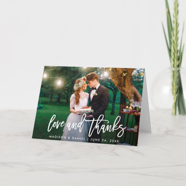 Modern Brush Script Photo Love Thanks Wedding Fold Card (Front)