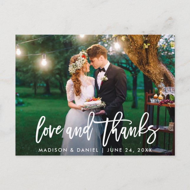Modern Brush Script Photo Love Thanks Wedding Postcard (Front)