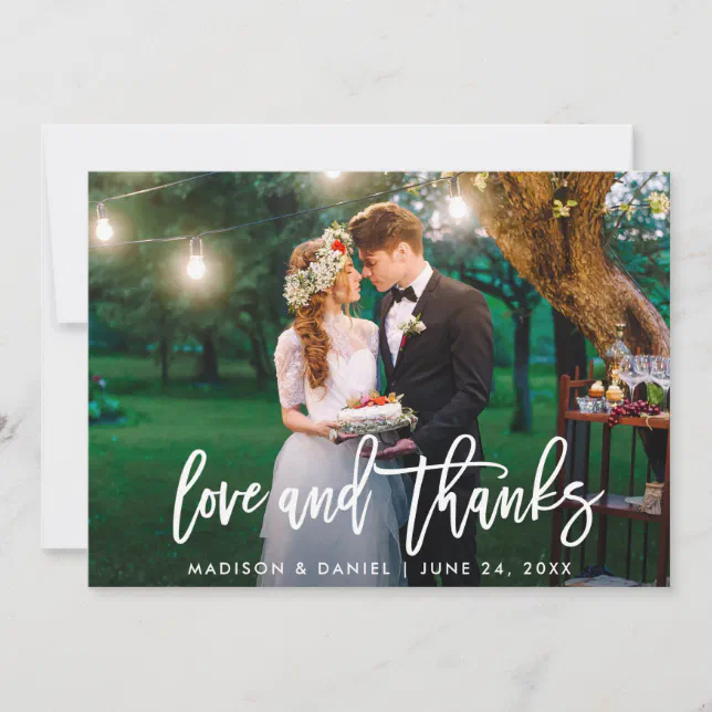 Modern Brush Script Photo Love Thanks Wedding Thank You Card | Zazzle