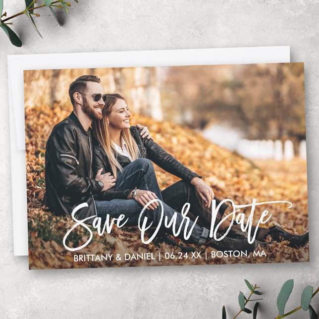 Modern Brush Script Photo Save Our Date Card (Customize to add text to back of card.)