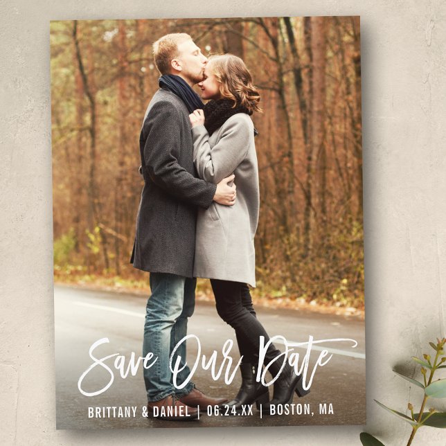 Modern Brush Script Photo Save Our Date Postcard (Customize to change your personalized text size or text style.)