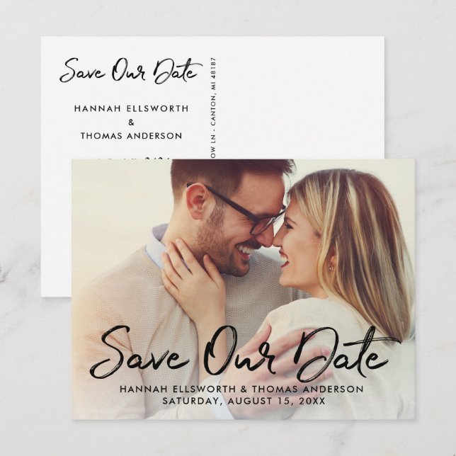 Modern Brush Script Photo Save the Date Announcement Postcard (Front/Back)