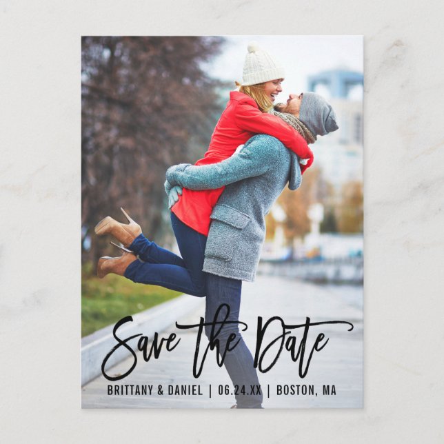 Modern Brush Script Photo Save The Date B Postcard (Front)
