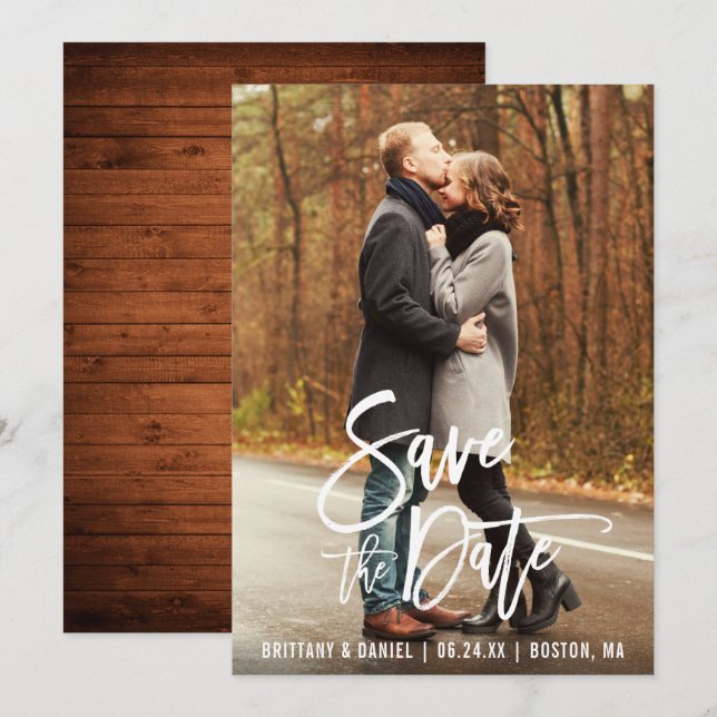 Modern Brush Script Photo Save The Date Card Wood (Front/Back)