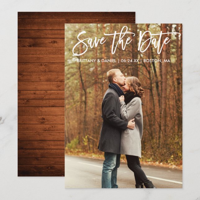 Modern Brush Script Photo Save The Date Wood Card (Front/Back)
