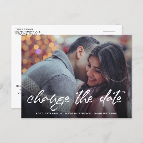 Modern Brush Script Photo Wedding Change the Date Announcement Postcard