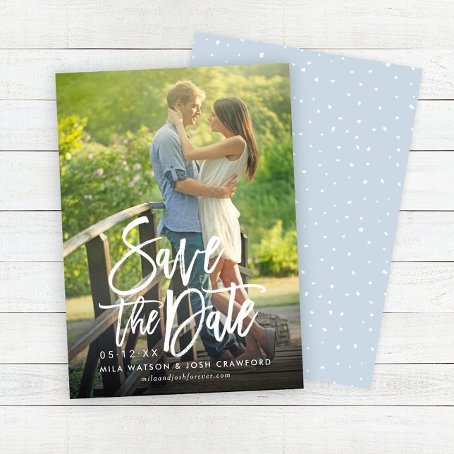 Modern Brush Script Photo Wedding Dusty Blue Save The Date (Creator Uploaded)