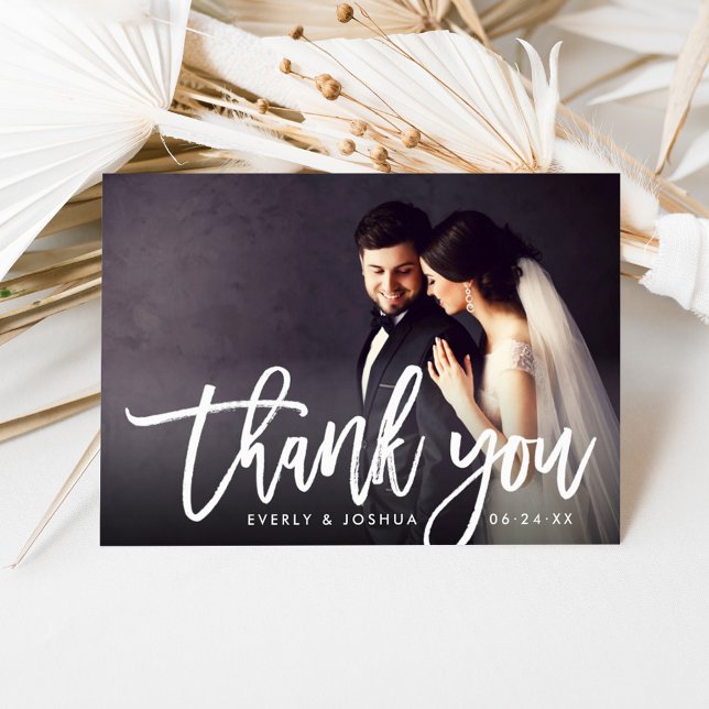 Modern Brush Script Photo Wedding Letterpress Thank You Card (Creator Uploaded)